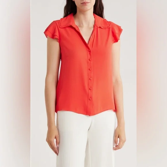T Tahari Women's Reddish Orange Button-Down Blouse Flutter Sleeves Size Small - Picture 1 of 15